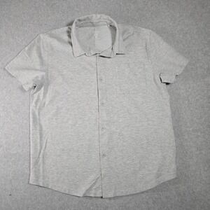 Under 5'10 Mens button Shirt Large Gray Cotton Blend Short Sleeve Curved Hem